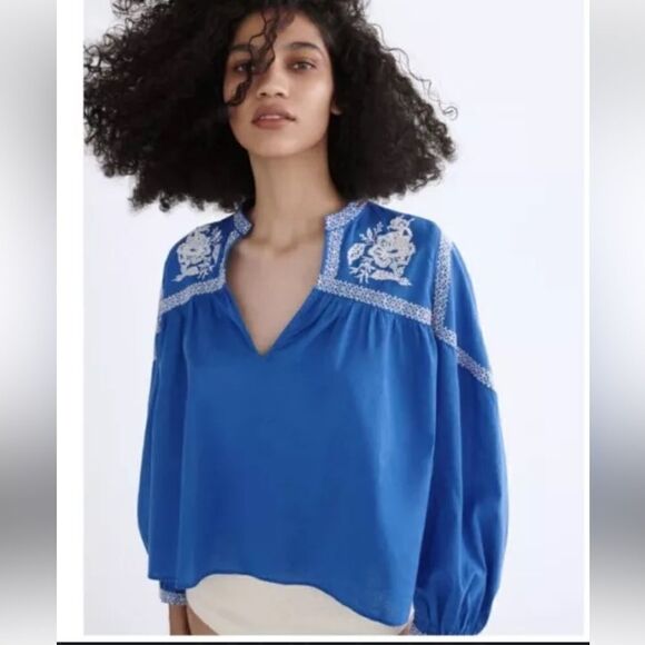 Zara blue EMBROIDERED blouse size XS New - Picture 1 of 11